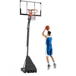 Mobilus krepšinio stovas, reguliuojamo aukščio nuo 2,45 iki 3,05 m, smūgiams atspari lenta, aukščio reguliavimas ranka